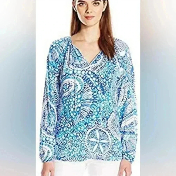 Lilly Pulitzer Willa Blouse Top Womens White Blue Long Sleeve Sea Shells Rayon S - Picture 1 of 8